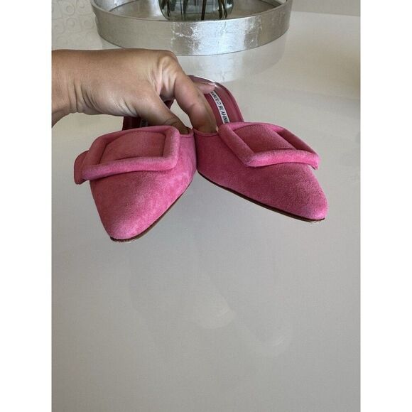 Manolo Blahnik Maysale Pink Suede Mule Kitten Heels Pumps Size EU 37 US 7